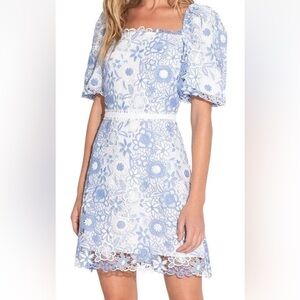Shoshanna Anthropologie Airana White Blue Lace Puff Sleeve Mini Dress Womens 4
